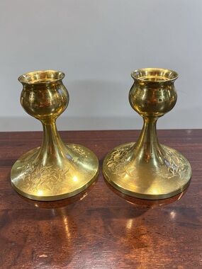 Vintage Set Of 2 Solid Brass India Engraved Etched Candlesticks 4.5”x 4.5” EUC